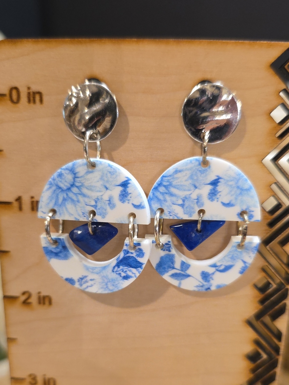 Blue Floral Drop Earrings with Lapis Accent Stone